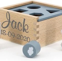 Label Label Kraamcadeau Hout Vormen Sorteer Doos Blauw Gepersonaliseerd Met Naam