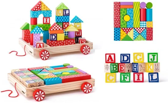 Woody Blokkenkar - Incl. 36 Blokken - Hout - 27x24x6cm 3 Woody Blokkenkar - Incl. 36 Blokken - Hout - 27x24x6cm