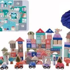 Kruzzel Houten Blokken Blokkendoos Stad Met Vloerpuzzel & Luxe Opbergzak - Grondpuzzel & 115 Kleurrijke Houten Bouwblokken Stapelblokken Bouwstenen Met Auto’s - Vervoer & Stad Bouwen Met Letters En Cijfers – Creatief – Leren - Spelen