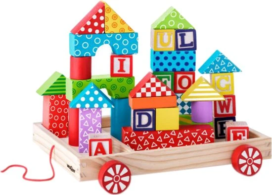 Woody Blokkenkar - Incl. 36 Blokken - Hout - 27x24x6cm 4 Woody Blokkenkar - Incl. 36 Blokken - Hout - 27x24x6cm - Afbeelding 2