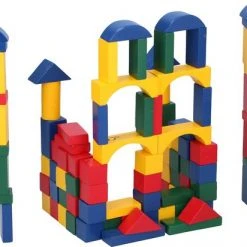Marionette Wooden Toys Houten Speelgoed-Blokken - Vanaf 2 Jaar - 100 Stuks - In Opbergton - Rood-Geel-Groen-Blauw