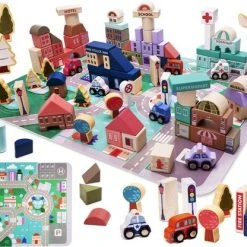 Merkloos Blokken Speelgoed Met Speelmat - 135 Stuks - Educatieve Houten Blokken - Speelgoed - Stadspuzzel - Ontwikkelingsspeelgoed - Stimuleert Motoriek En Creativiteit