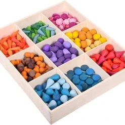 Liefbaby Mandala Houten Loose Parts Set Met Doos, Houten Sorteer Bak, Regenboog Speelfiguren 243 Stuks