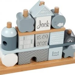 Label Label Kraamcadeau Hout Stapelblokken Huisje Blauw Gepersonaliseerd Met Naam