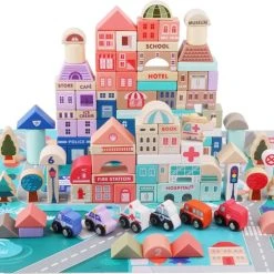 Magic Color Houten Blokkenset - Vormenset Met Auto's - 115 Blokken - Milieuvriendelijke Waterverf - Educatief Houten Speelgoed