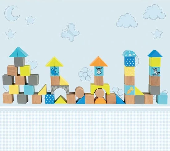 Happy People Houten Bouwblokken Ezel 50-delig Blauw 4 Happy People Houten Bouwblokken Ezel 50-delig Blauw - Afbeelding 2