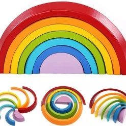 Muao Rainbow Houten Blokken 7 Stuks - Educatief Speelgoed - Bouwstenen - Houten Regenboog - Puzzelstuk Speelgoed - Geometrie Bouwstenen Voor Kinderen Baby Peuters - Geschenken Voor Kinderen