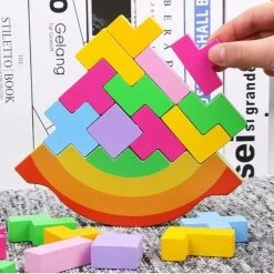 Montessori Tetris Balanceer Puzzel Groot 18cm - Educatief Speelgoed Voor Balans - Tangram Tetris Stapelspeelgoed - Motoriek En Cognitief Spel - Stapel Speelgoed Blokken - WoodyDoody