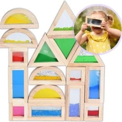 TickiT - 16 Houten Sensorische Blokken Gevuld Met Gekleurd Zand, Water En Kralen