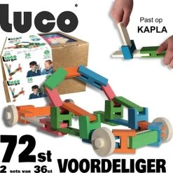 Luco Toys Luco Large ECO Blokken En Plankjes. Met Verbindingsstukken En Wielen, Past Op KAPLA, Bblocks. Duurzame Constructieset Hout. 72 Elementen.