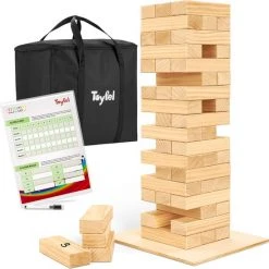 Toyfel Riski – Grote FSC® Houten Stapeltoren 70cm XXL – 54 Stapelen Stukken Met Ondersteuningsbord & Scorebord – Spannend Openluchttuinspel Voor Het Gezin