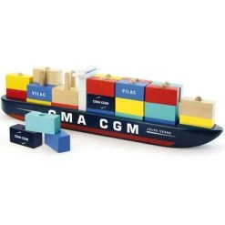 Vilac Containerschip Blokken - 40 Cm Lang - 34 Houten Containers