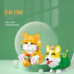 Joymaxx Cyperse Kat En Corgi Hond - Nanoblock/Diamen Block/3D Puzzle 2 In 1 Set - Miniblokken