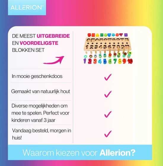 Allerion® Montessori Blokken Set - XL Blokken Speelset - Educatief Speelgoed - Stimuleert Motoriek En Creativiteit - Heldere Felle Kleuren - 100% Duurzaam Hout - Ontwikkelingsspeelgoed 7 Allerion® Montessori Blokken Set - XL Blokken Speelset - Educatief Speelgoed - Stimuleert Motoriek En Creativiteit - Heldere Felle Kleuren - 100% Duurzaam Hout - Ontwikkelingsspeelgoed - Afbeelding 5