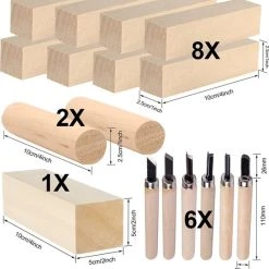 Selwo 11-delig Lindehout, Natuurlijk Houtsnijhout, Onbehandelde Houtsnijblokken, Licht Hout En 6-delige Snijmessen, Geschikt Voor Beginners, Kinderen, Volwassenen, Doe-het-zelf, Kunsthandwerk Snijden -Goedkope Blokken Winkel 550x563 4