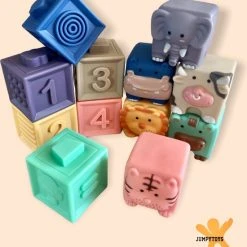 JUMPYTOYS - BABY BLOKKEN - SILICONEN BLOKKEN SET - 12 STUKS - DIEREN/FIGUREN/CIJFERS BABYSPEELGOED ONTWIKKELING VAN JE KIND -