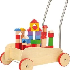 Merkloos Blokkenkar Hout - Met Rubberen Bandjes - Leren Lopen En Leren Bouwen! - Speelgoed Vanaf 1 Jaar